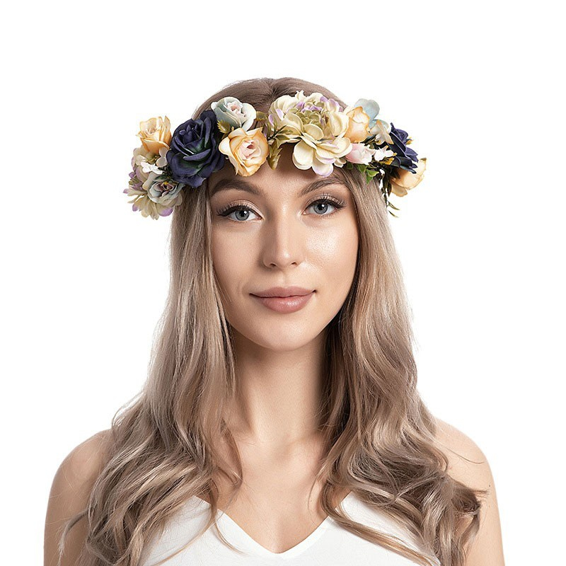 (Ø18cm) Haar Blumenkranz Accessoire Rosen Hochzeitskranz - Blau / Gelb