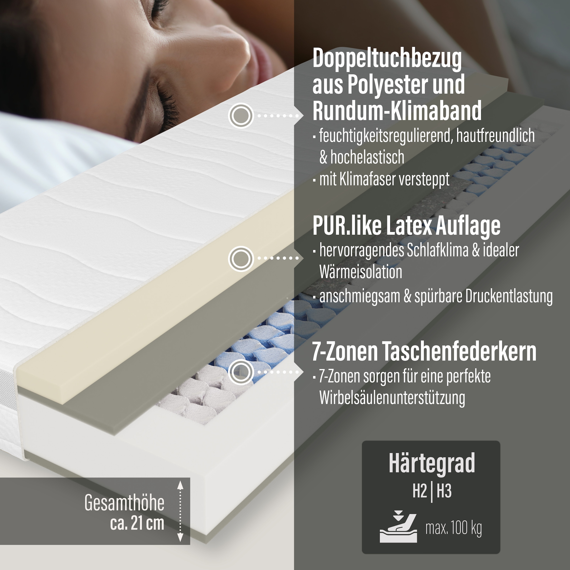 Beco Taschenfederkernmatratze »Feel Like Latex ONE TFK, Matratze 90x200 cm, 140x200 cm und mehr« 21 cm hoch 500 Federn 1 Stk. tlg. Punktelastische Matratze mit stabilem Federkern, atmungsaktiv
