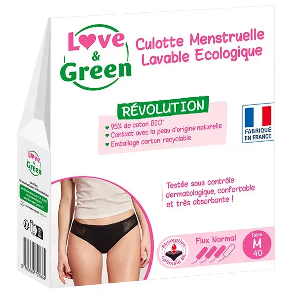 Calcinhas menstruais laváveis e ecológicas Love & Green, tamanho 40, fluxo normal.