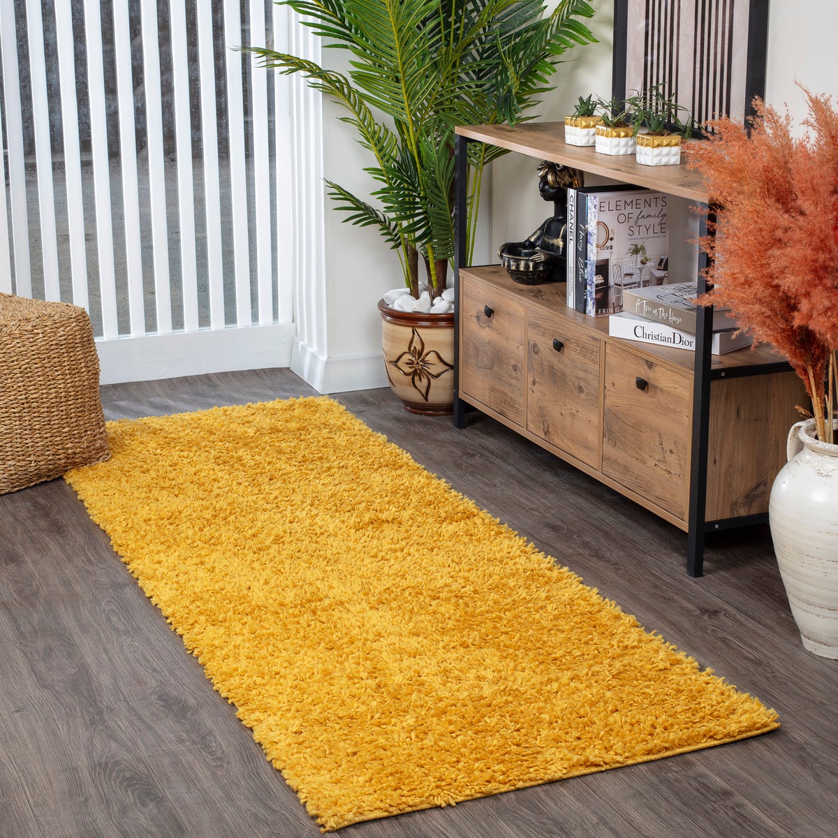 Modern hoogpolig shaggy vloerkleed voor in de hal, geel, 80x220 cm, LILLY