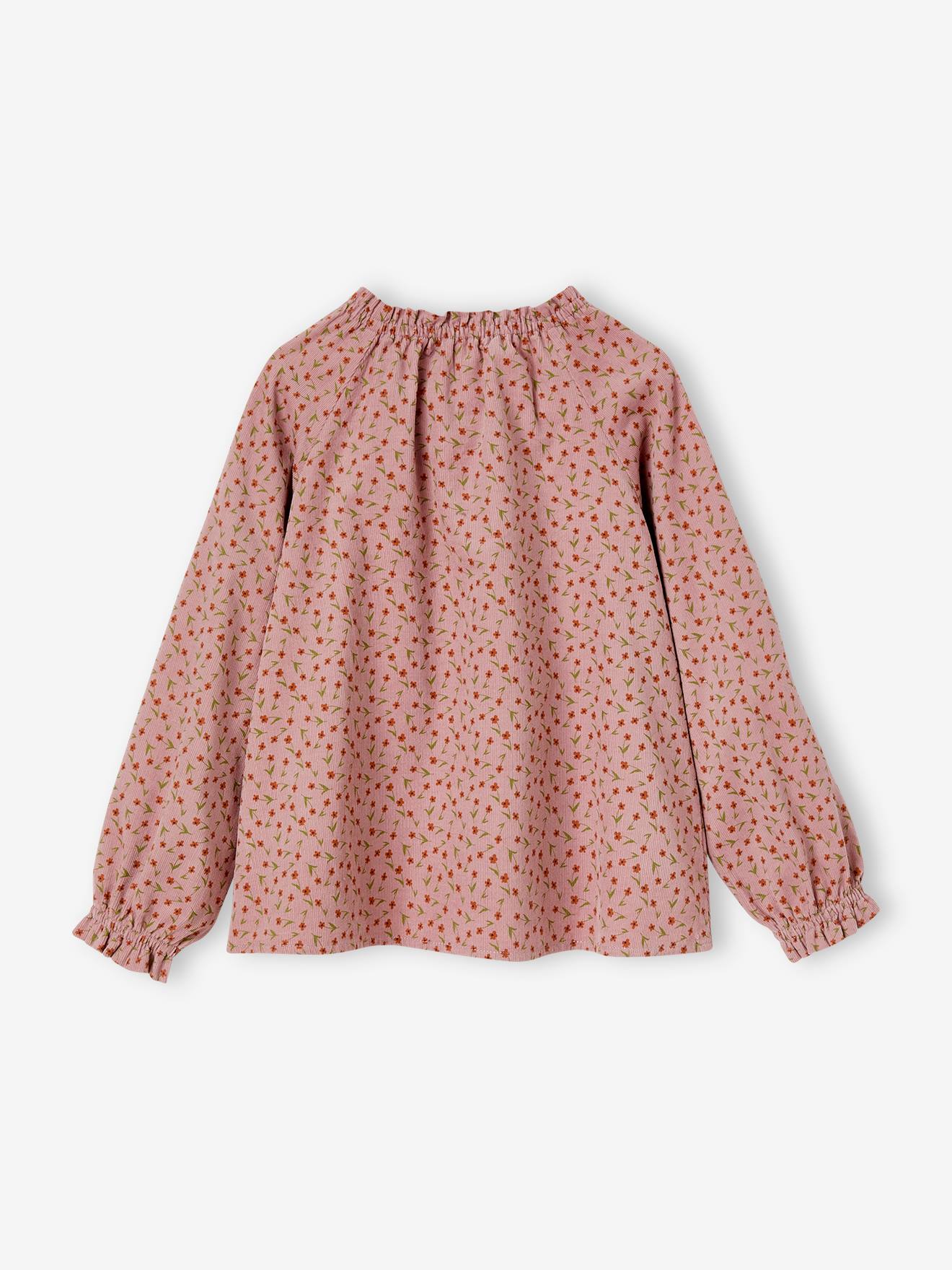 Blusa de veludo cotelê rosa antigo com estampa floral para meninas
