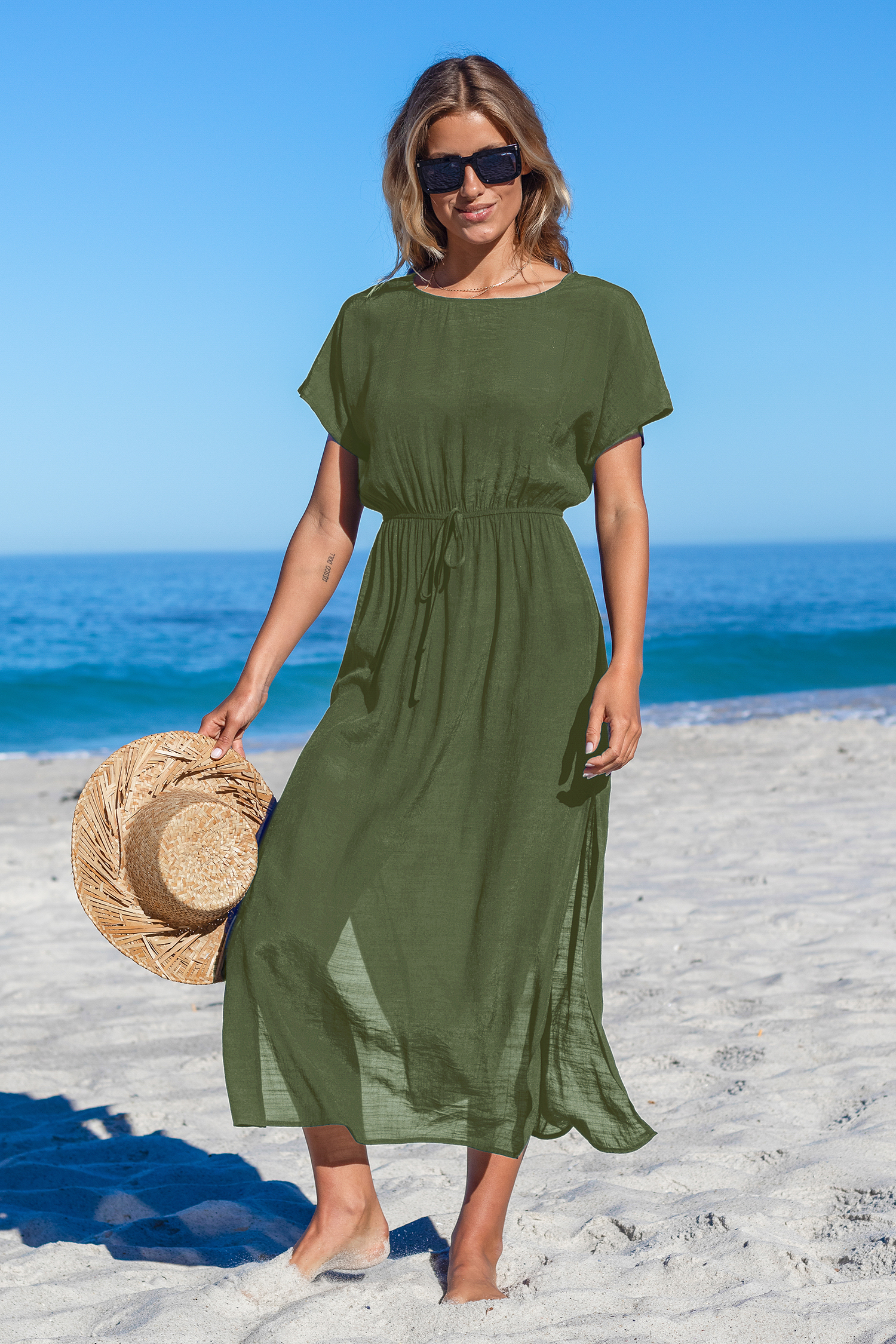 Robe cover up à manches courtes et ourlet fendu olive
