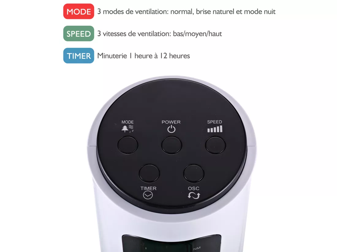 Ventilateur colonne tour programmable oscillant silencieux 45 W avec télécommande écran affichage minuterie 3 modes 3 vitesses 32L x 32l x 96H cm blanc noir