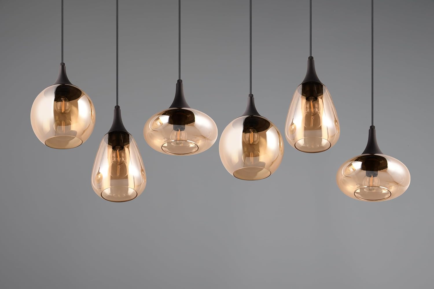 Trio Leuchten Pendelleuchte Lumina 317000613, Metall Schwarz matt, Glas amber, exkl. 6x E14, Bernsteinfarben