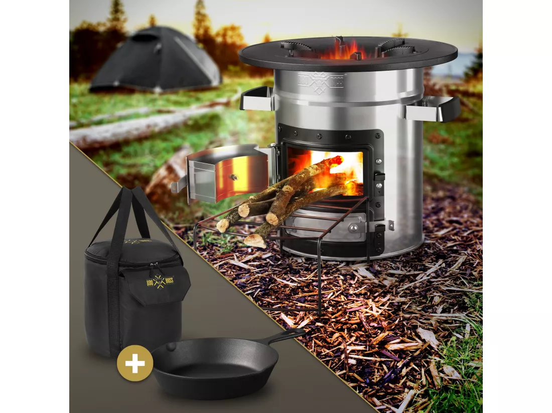 Four à fusée BBQ avec poêle grill en acier inoxydable argent + sac de transport