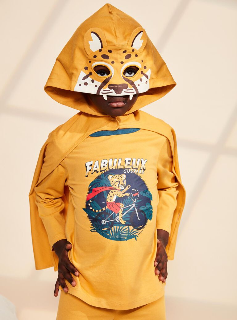 Pyjama deux pièces jaune moutarde en coton avec cape tête de léopard