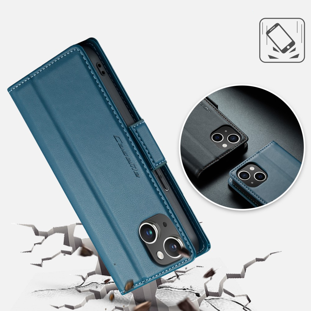 iPhone 14 Leder Tasche Flip Wallet Etui mit Kartenfächern Litchi Look (RFID Schutz) - Blaugrün