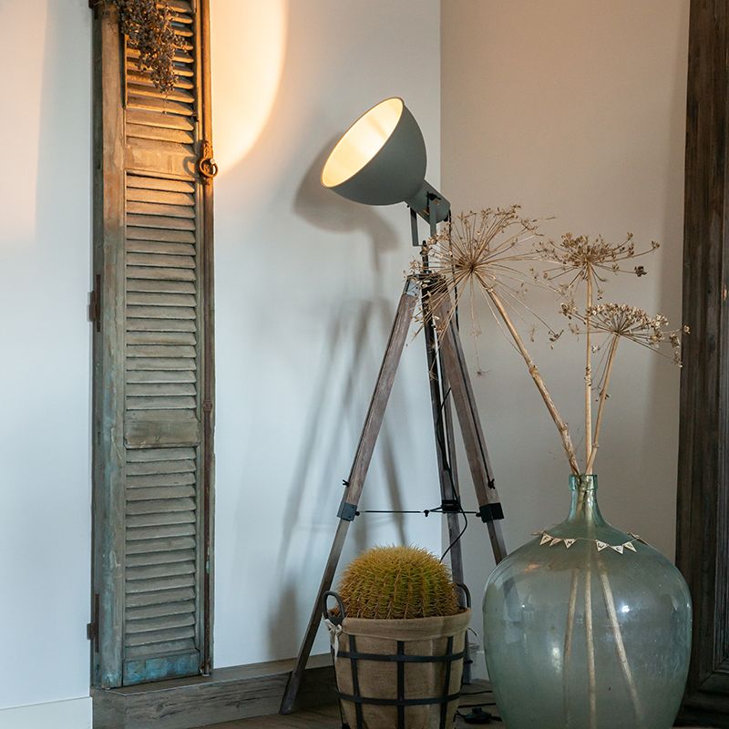 Smart industriële tripod vloerlamp hout met grijs incl. wifi A60 - Laos