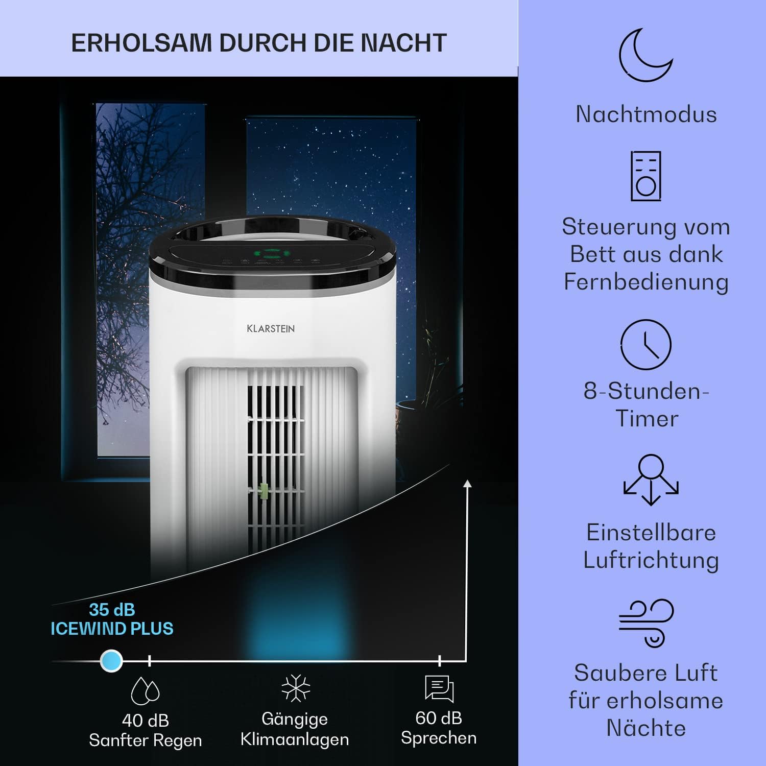 Klarstein Luftkühler mit Wasserkühlung, Leiser 4-in-1 Verdunstungskühler, Luftbefeuchter, Ventilator & Nachtmodus, Mobile Klimageräte Luftkühler 7L, 65W Air Cooler, 330m³/h Kühlender Luftstrom