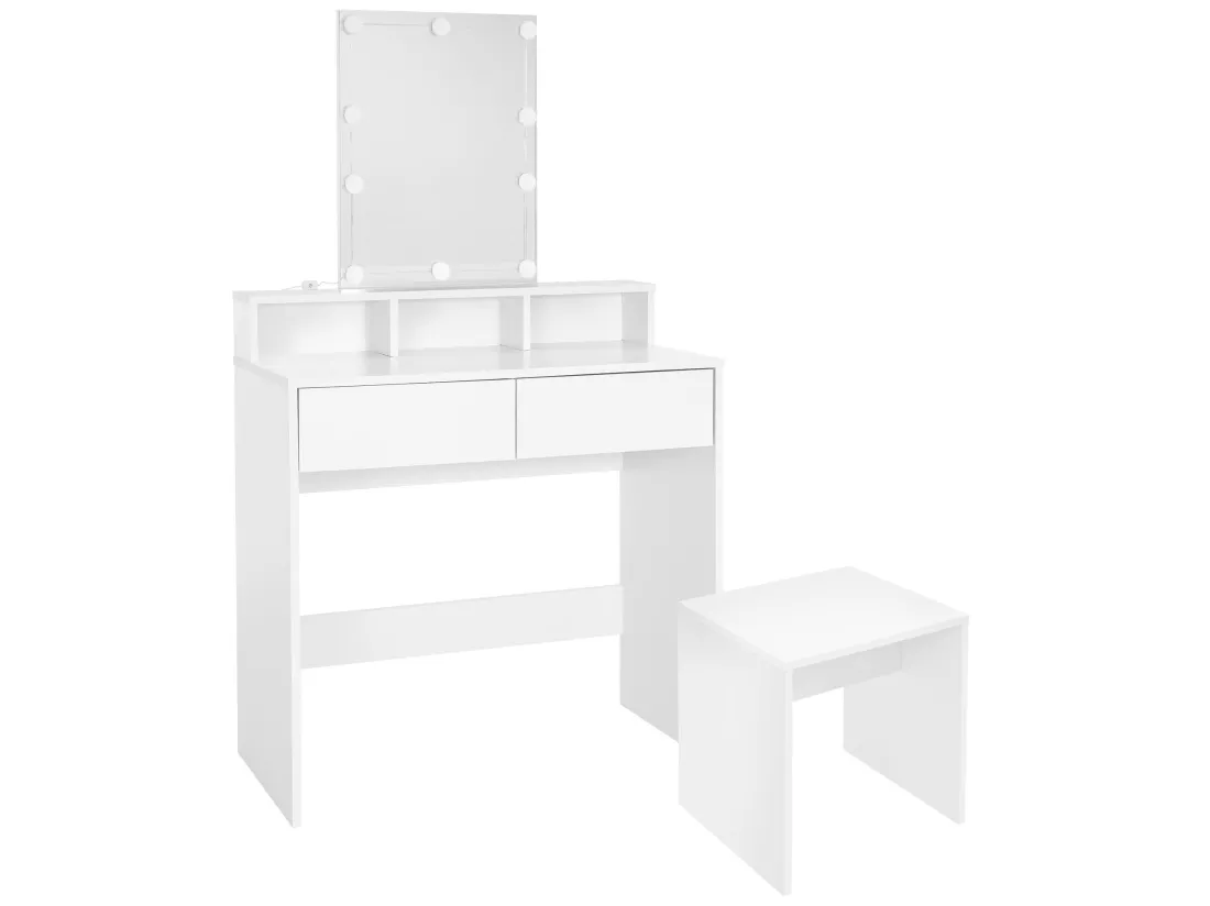 Coiffeuse avec miroir LED + tiroirs et tabouret de maquillage blanc ML-DESIGN