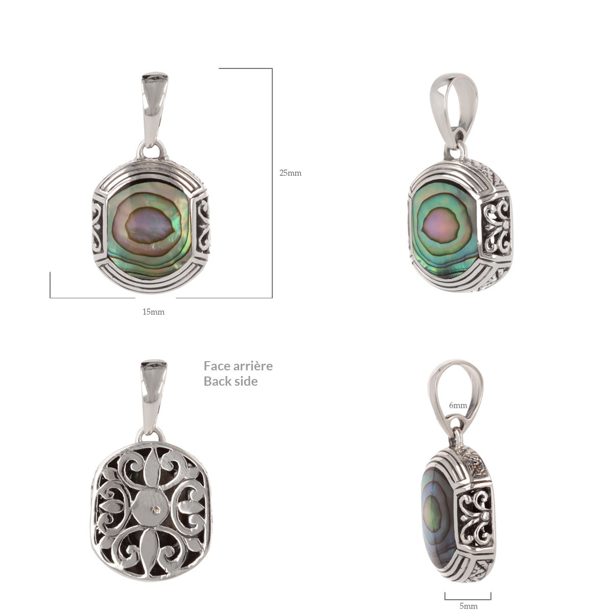 Pendentif ADEN ethnique nacre abalone sertie argent 925