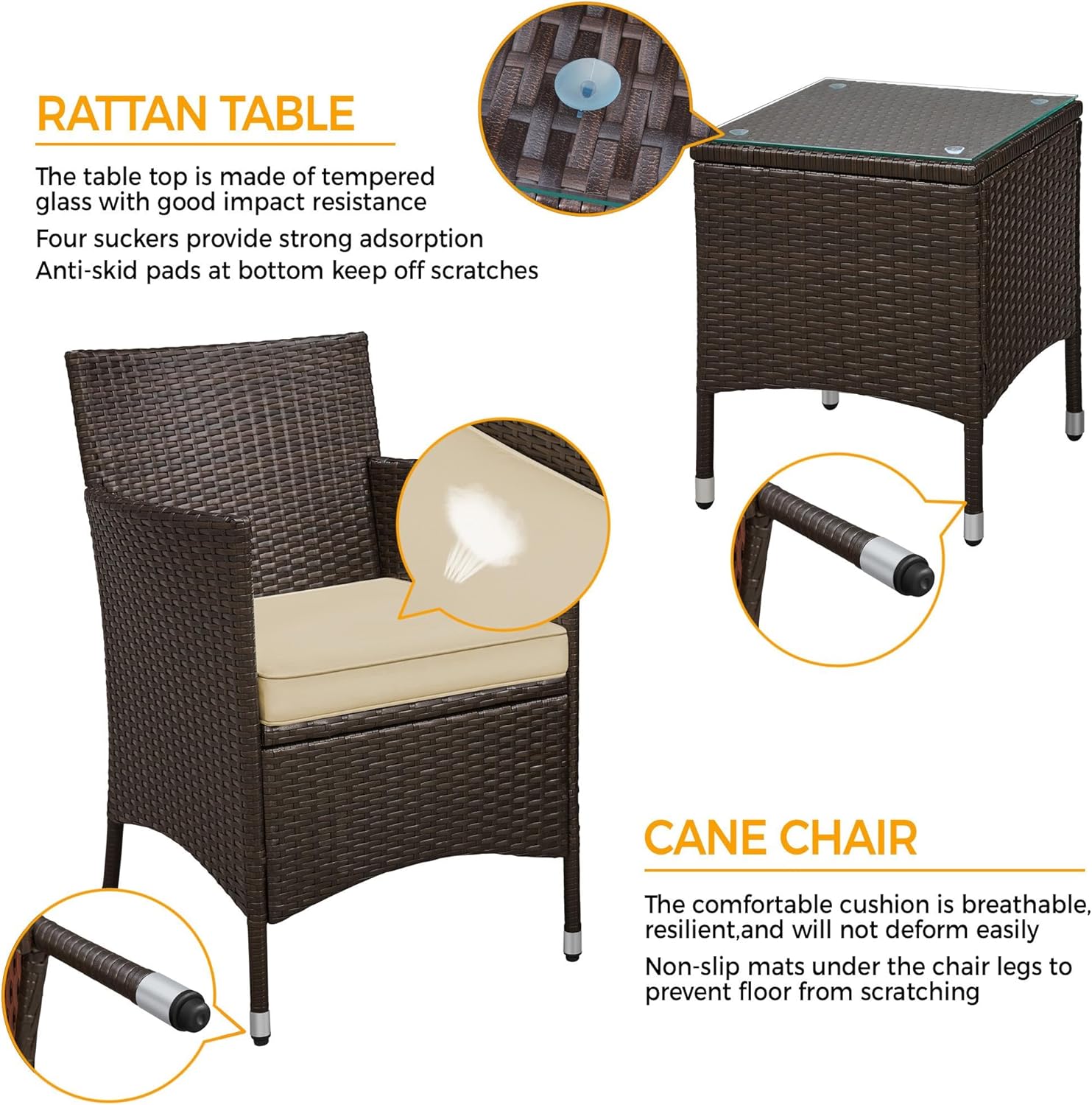Yaheetech Balkonmöbel Set, Gartenmöbel-Set 3 TLG. inkl. 2 Stühle mit Sitzkissen & Tisch, Terrassenmöbelset Gartensitzgruppe Lounge Set aus PE-Polyrattan für Balkon Terrasse, Braun-Khaki