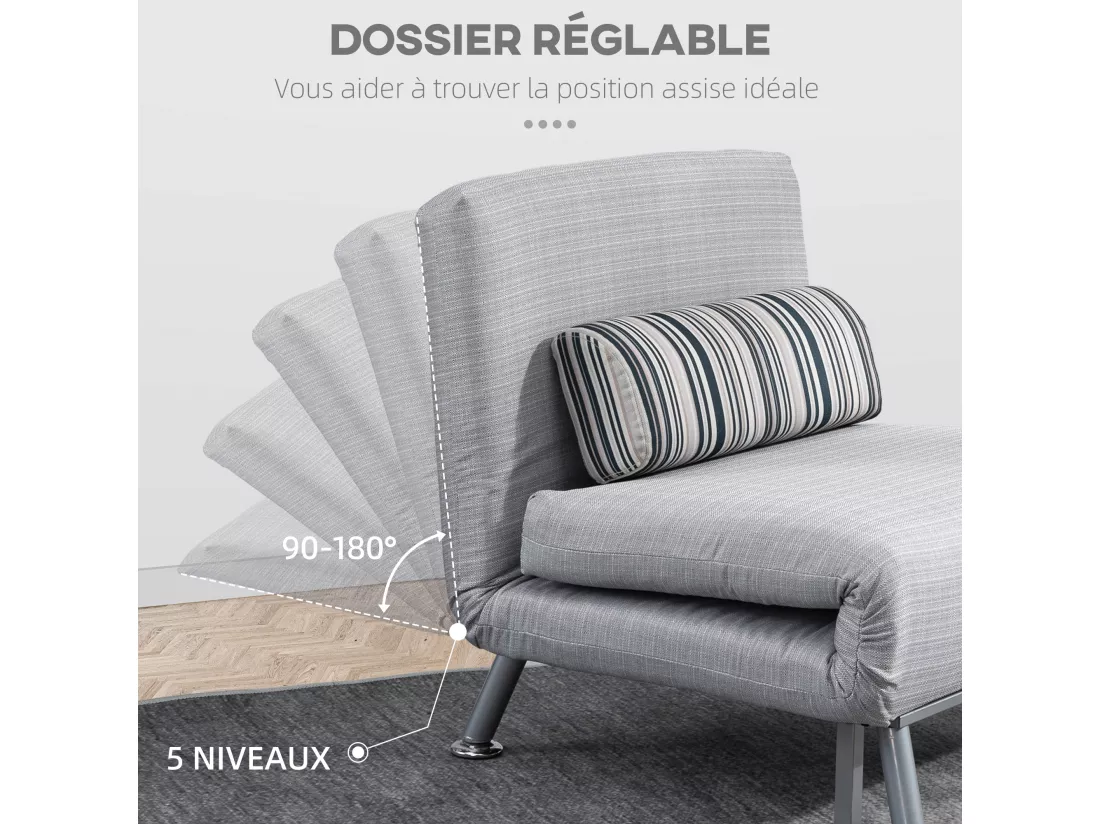 Fauteuil convertible 3 en 1 chauffeuse lit 1 place avec coussin gris