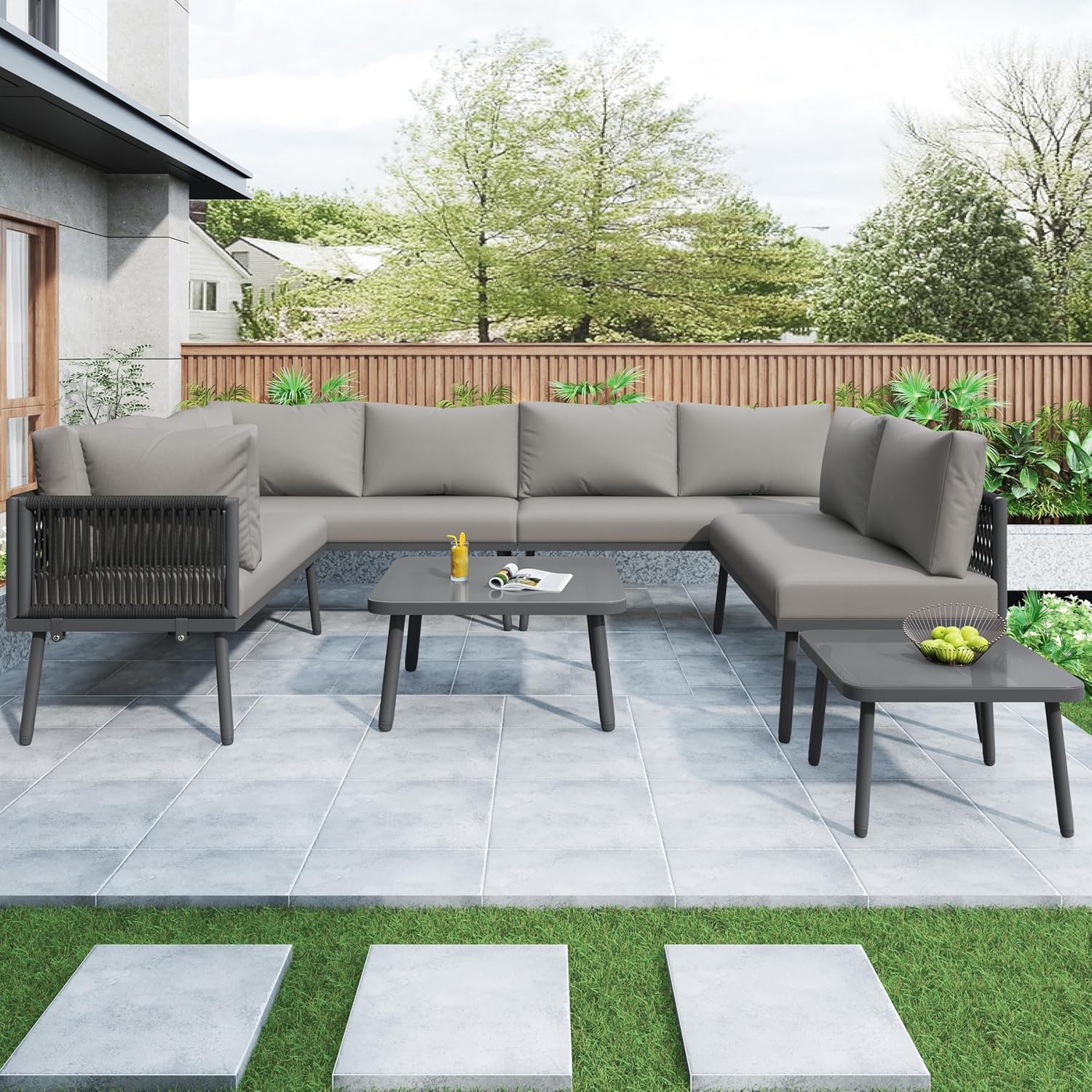 Merax Gartenmöbel Set, Balkonmöbel Gartenlounge Set für 6-8 Personen, Tisch & Kissen, U-förmiges Terrassenmöbel, Ecksofa-Set aus Eisen, Lounge Sitzgruppe, Outdoor, für Terrasse, Balkon, Garten, Grau
