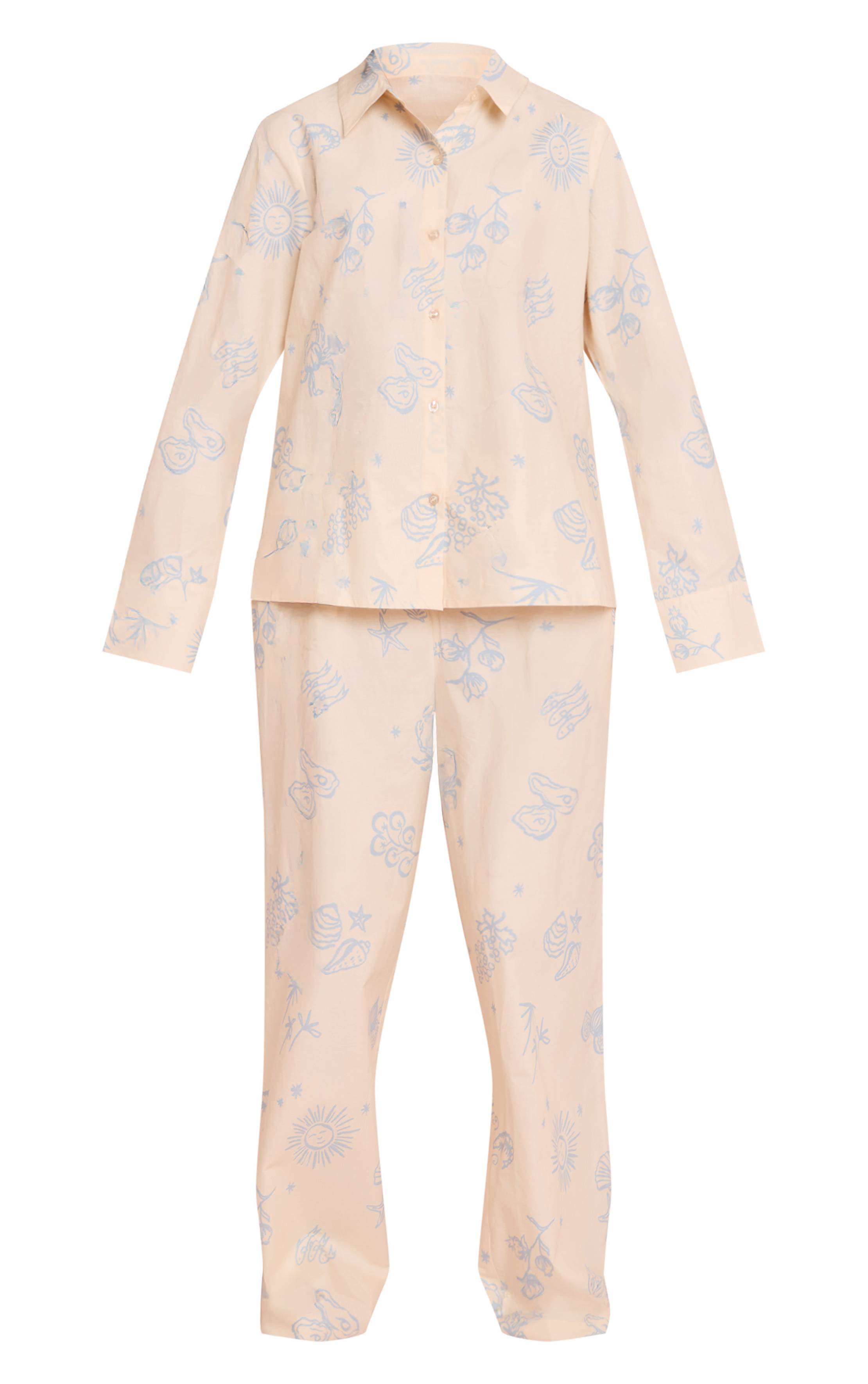 Beige Pyjama Large À Boutons Imprimé Bleu