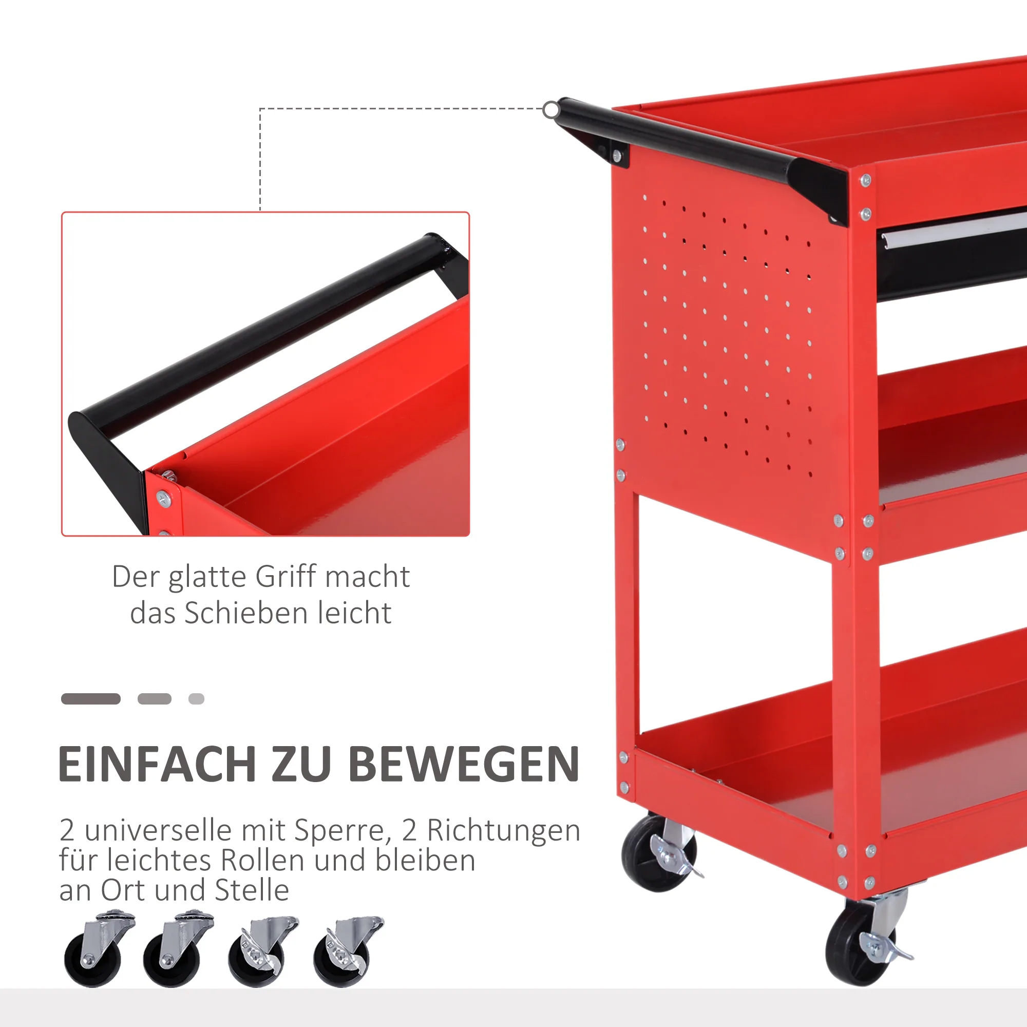 HOMCOM Werkstatt-Rollwagen mit Schublade und 3 Ebenen schwarz, rot 82L x 35B x 76H cm
