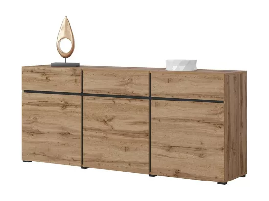 Buffet coloris chêne et noir 180cm collection HAVANA. Bahut design avec 3 portes et 3 tiroirs.