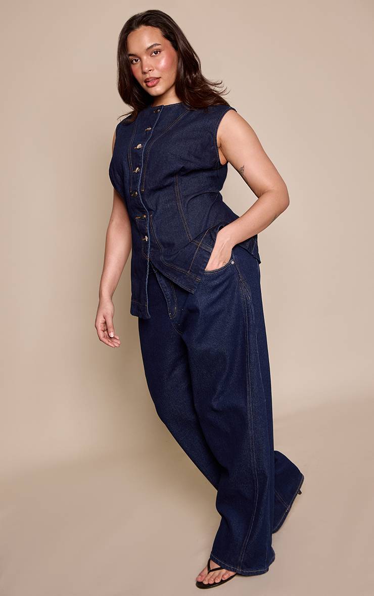 Bleu Indigo Jean Barrel Taille Mi-haute Stretch Grande Taille