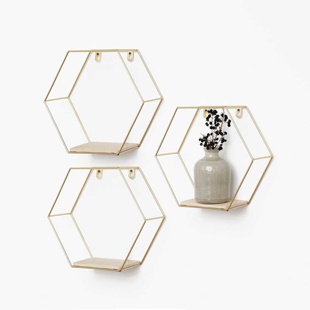 Etagère murale hexagonale en métal - 25x28,5 cm - or - lot de 3