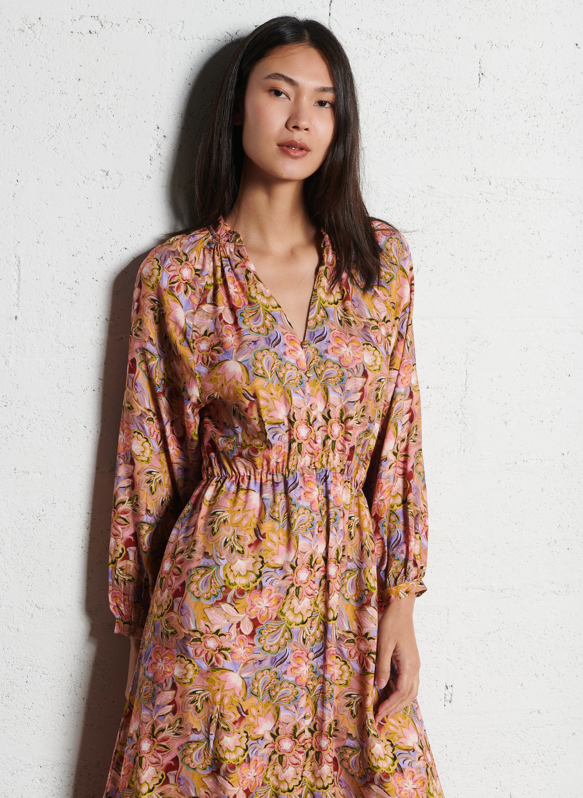 RENA - Robe midi col V | Multicolore