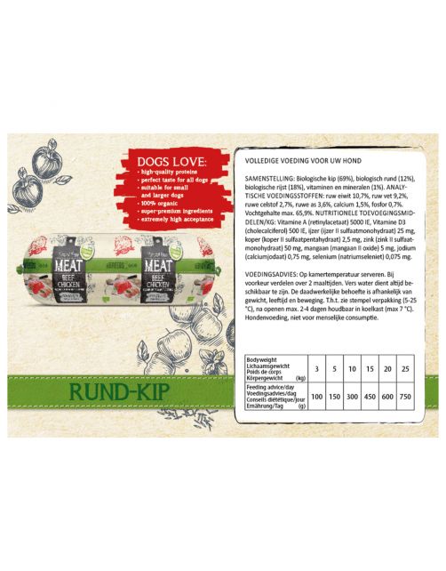 Natural Fresh Meat Organic All Breeds Worst - Hondenvoer - Rund Kip 600 g S-M-L