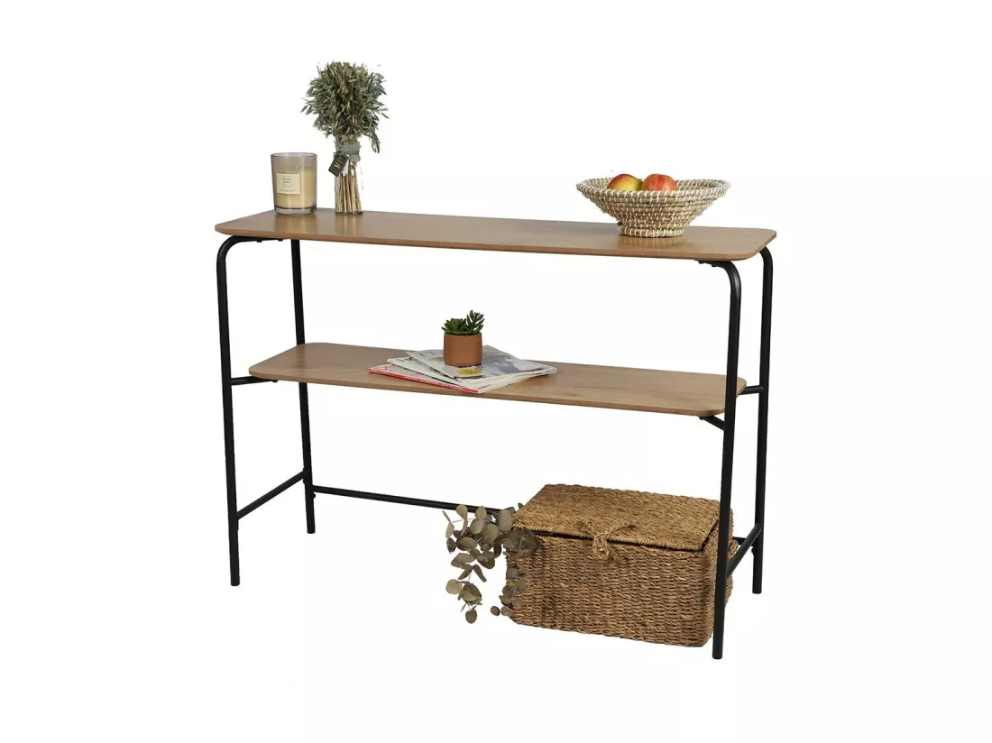 Console style industriel collection PAGNOL. Coloris chêne clair, structure robuste en métal noir.