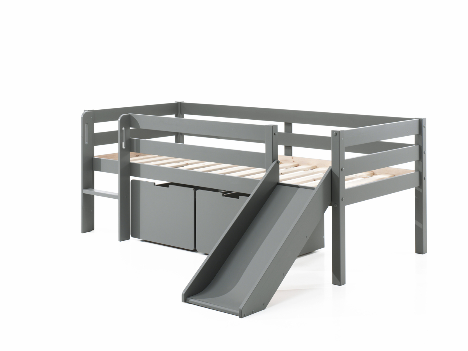 Kojen-Spielbett - grau - Schubkästen - Regal - Rutsche - 90x200 cm
