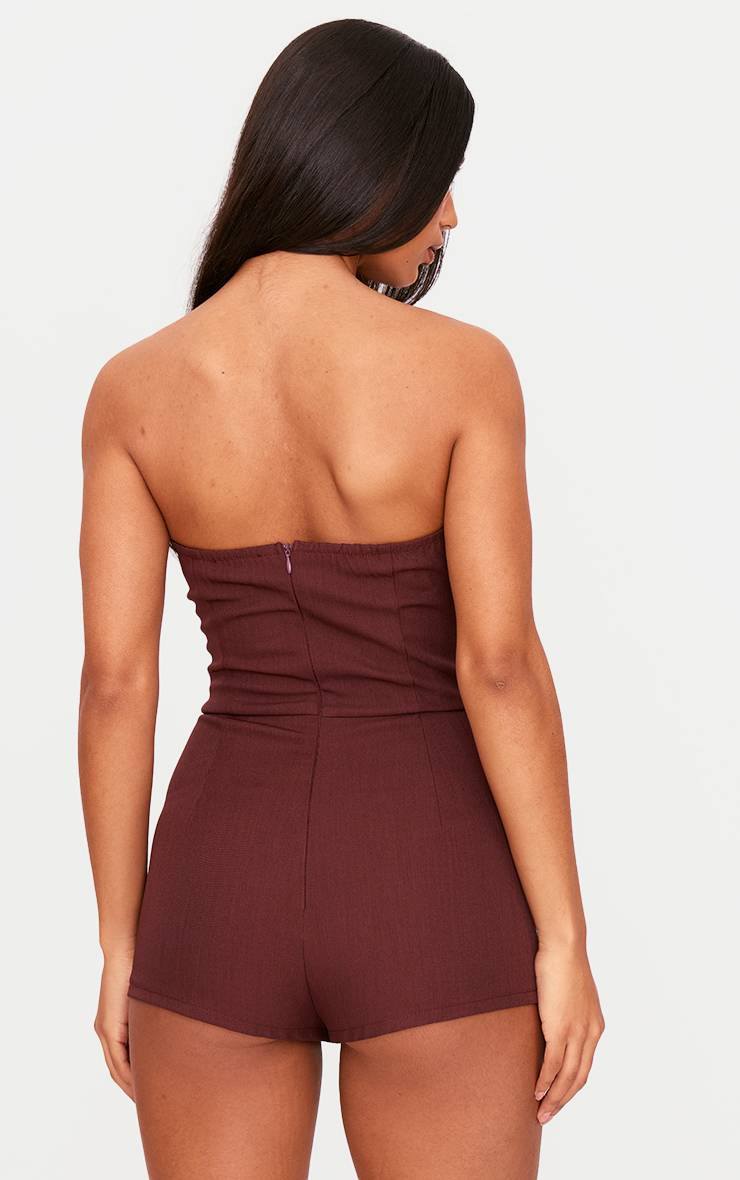 Dark Wine Combinaison-short Bandeau À Détail Corset En Tissu Structuré Tissé