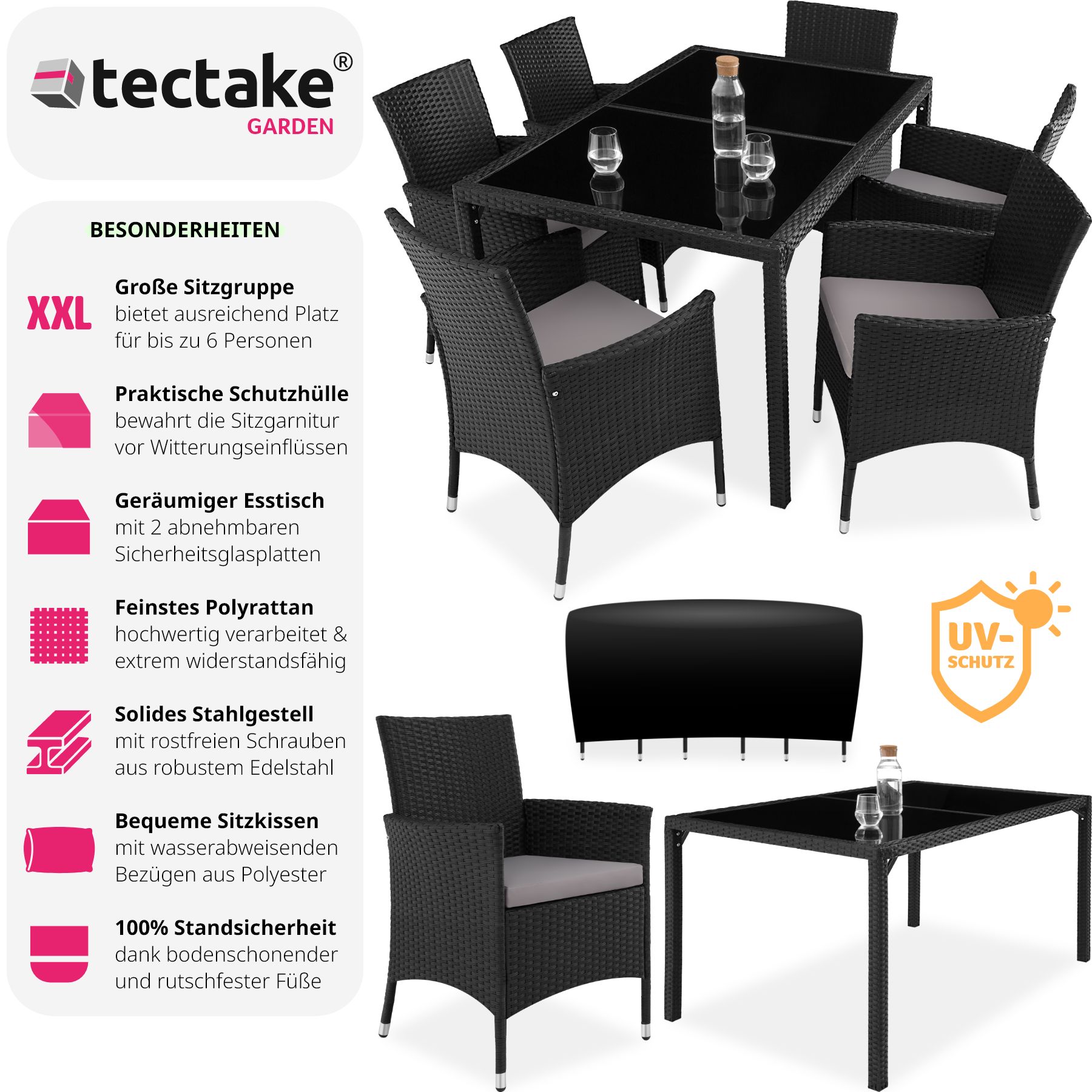 tectake® Rattan Sitzgruppe, für 6 Personen, UV-beständig, inklusive Schutzhülle