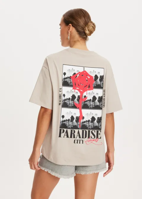 T-shirt met print paradise zand (ZAND)