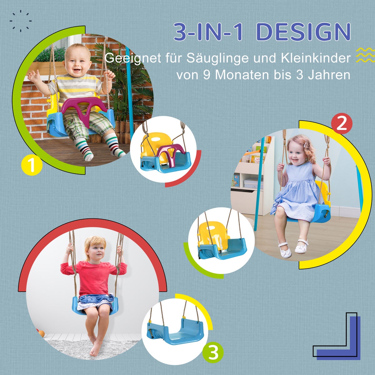 Outsunny Babyschommel, peuterschommel voor binnen, 42 cm x 33 cm x 180 cm, kunststof, blauw + geel + paars