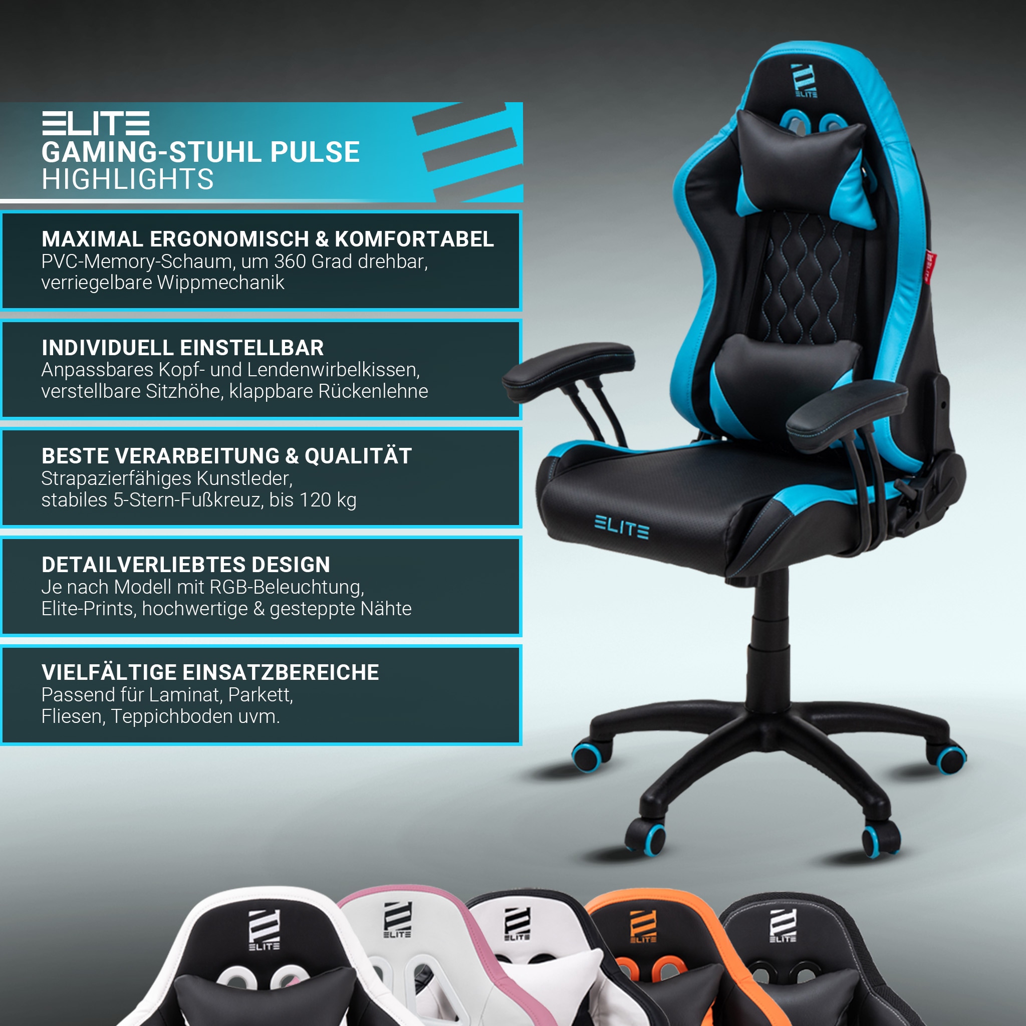 ELITE Gaming-Stuhl für Kinder PULSE, ergonomisch, bis 120kg, verstellbare Höhe, Wippmechanik, Kissen (Weiß/Pink)