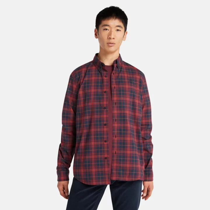 Camisa xadrez de popeline elástica para homem na cor bordô.