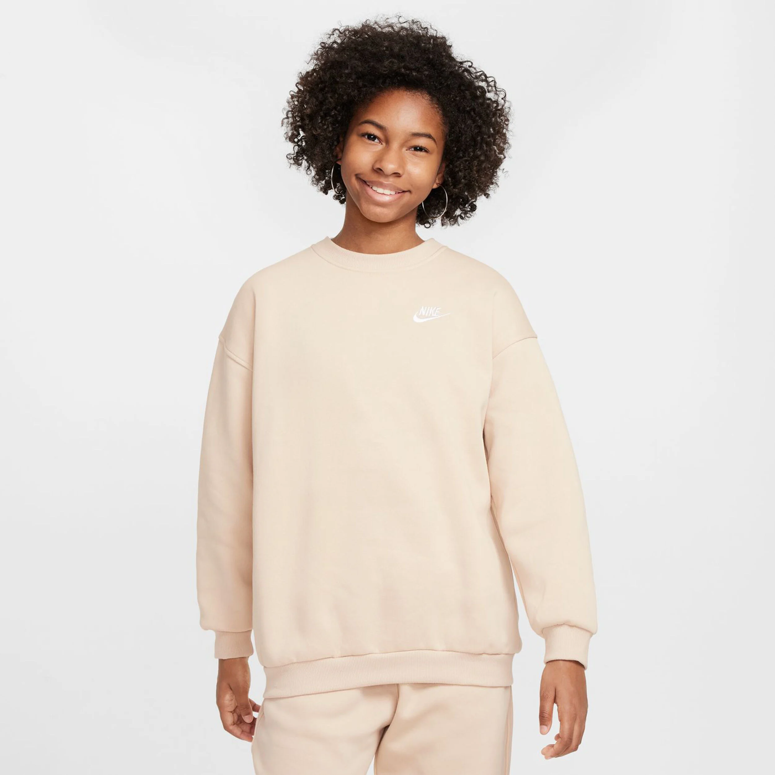 Nike Club Fleece Oversized Crew Sweat-shirt Filles - Beige , Blanc