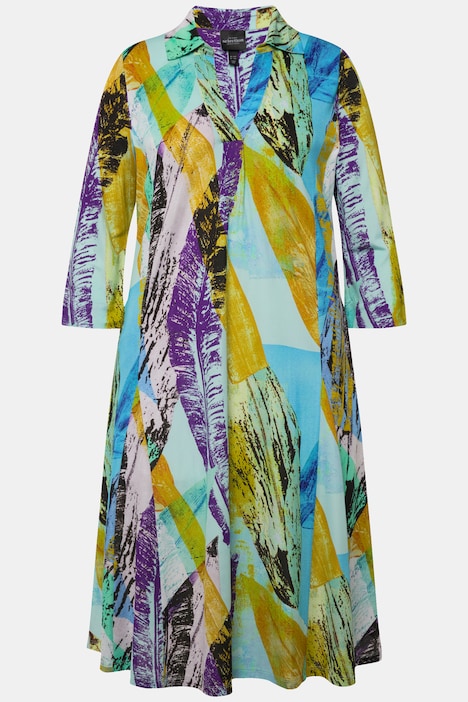 Slinky-Piqué-Kleid, A-Linie, Hemdkragen, V-Ausschnitt, 3/4-Arm