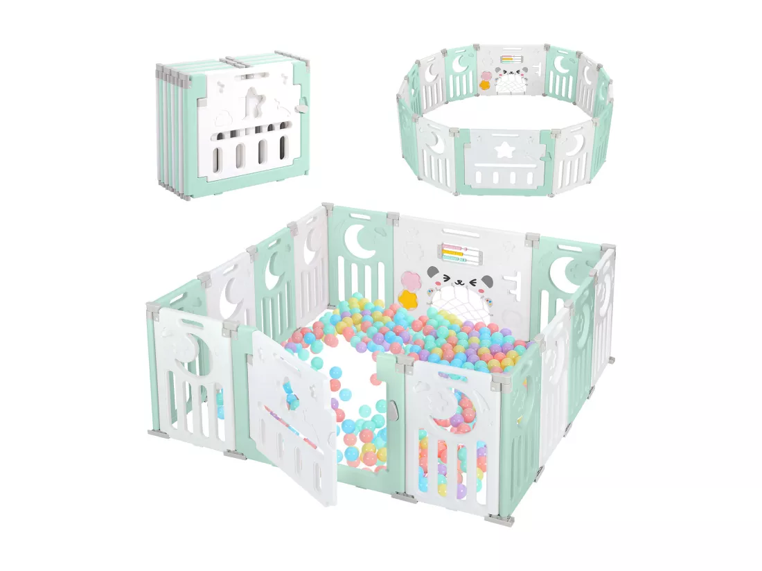 Parc Bébé 12+2 Panneaux,Barrière de Sécurité Portail,Grille de Protection en Plastiqu Ecologiques,150x150x62cm - Vert
