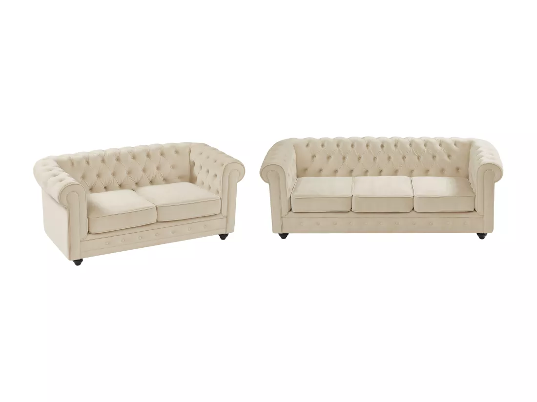 Canapé 3 places et 2 places en velours beige CHESTERFIELD