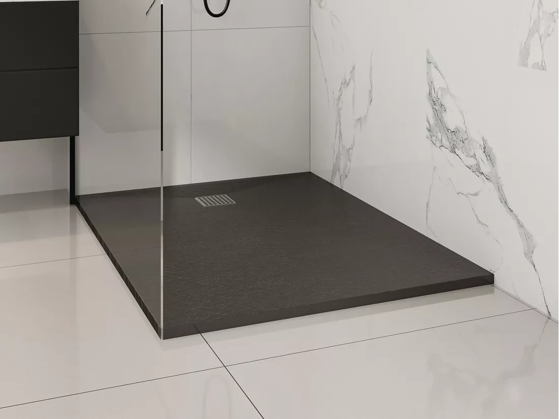 Receveur extra-plat à poser ou à encastrer découpable en résine SMC avec siphon - Noir - 120 x 90 cm - MIRNOSA