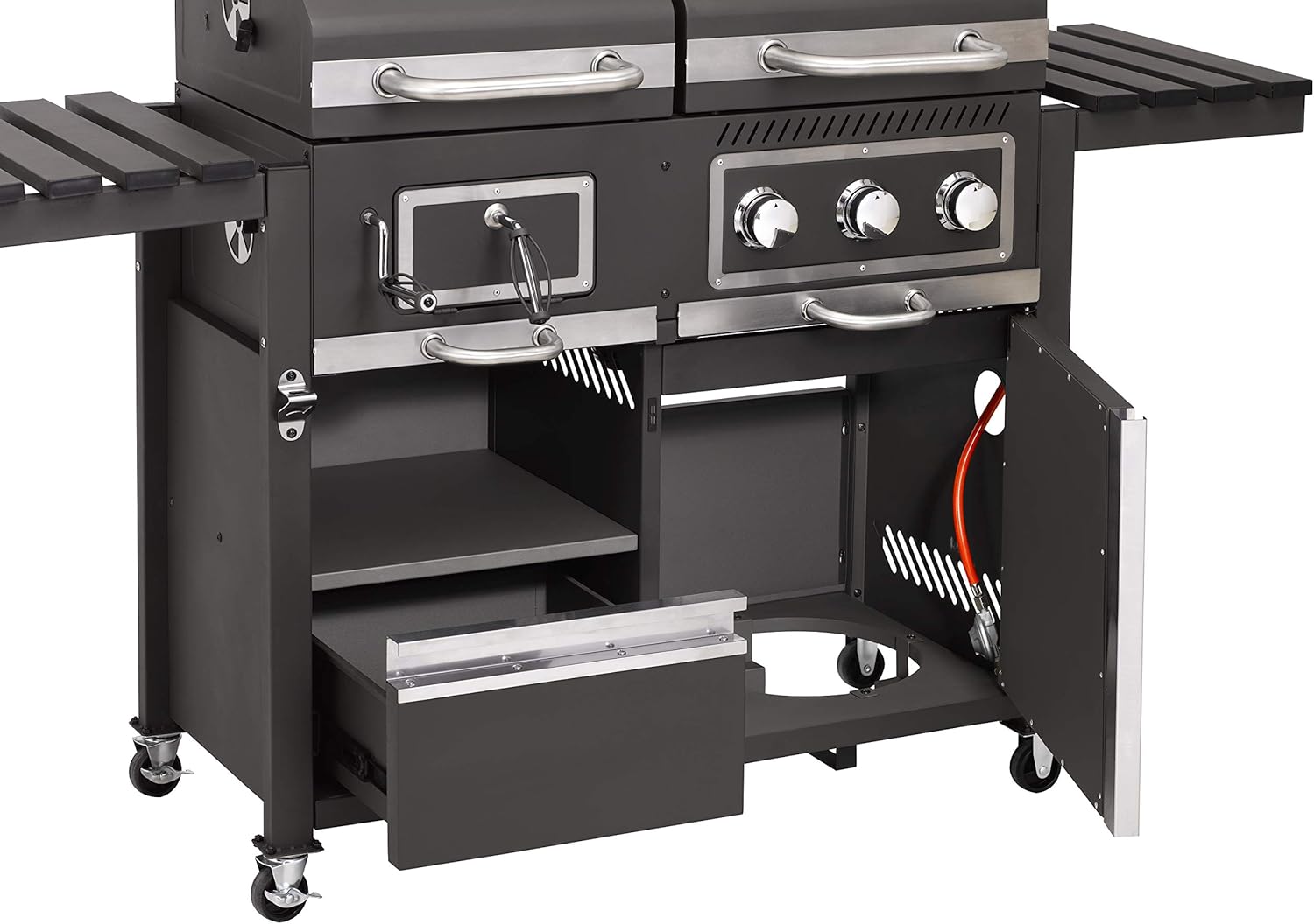 tepro Gas Kohle Kombigrill Toronto, Grillwagen mit Holzkohle- und Gasgrill-Modus, 3 Brenner mit je ca. 2,9 kW Leistung, Piezozündung, Thermometer, Maße ca. 173 x 65 x 116,5 cm, Schwarz