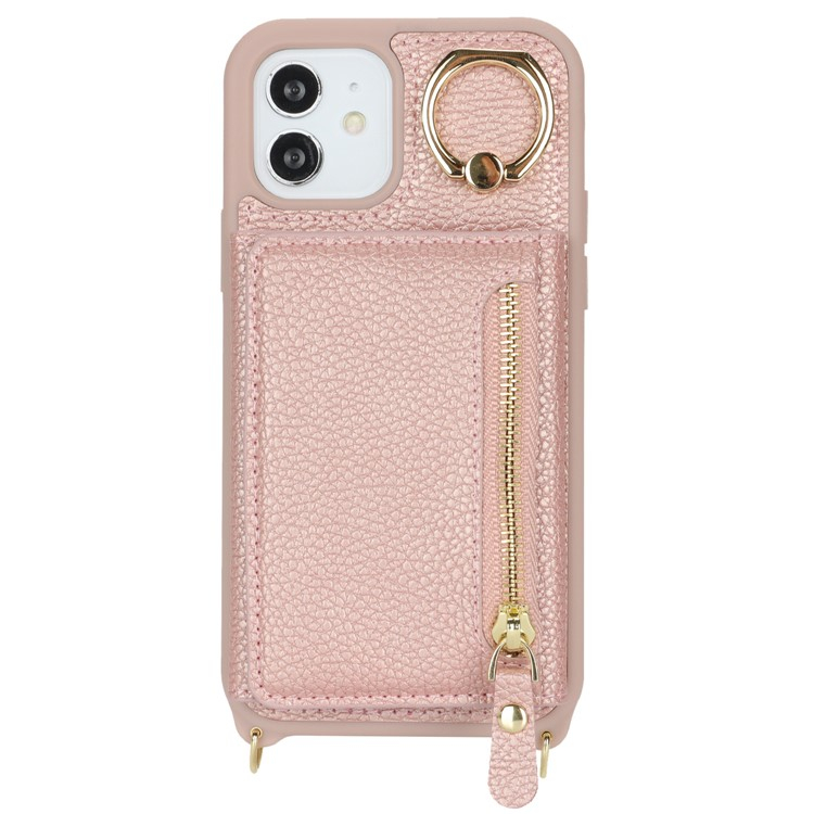 iPhone 12 / iPhone 12 Pro Necklace Leder Hülle mit Münzfach und Kartenfächer   Finger Griff Halterung   Handykette - Roségold