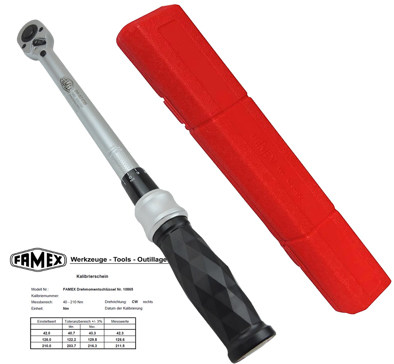 FAMEX 10865 Profi Drehmomentschlüssel 12,5 mm (1/2-Zoll)-Antrieb, 40-210 Nm