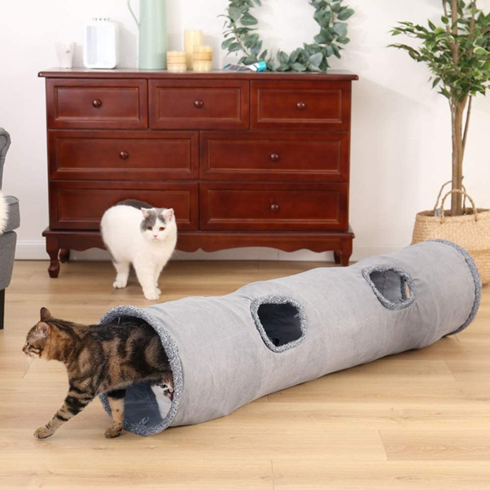 (130cm) Katzen Tunnel Raschel Röhre Haustier Spielzeug mit Ball - Grau