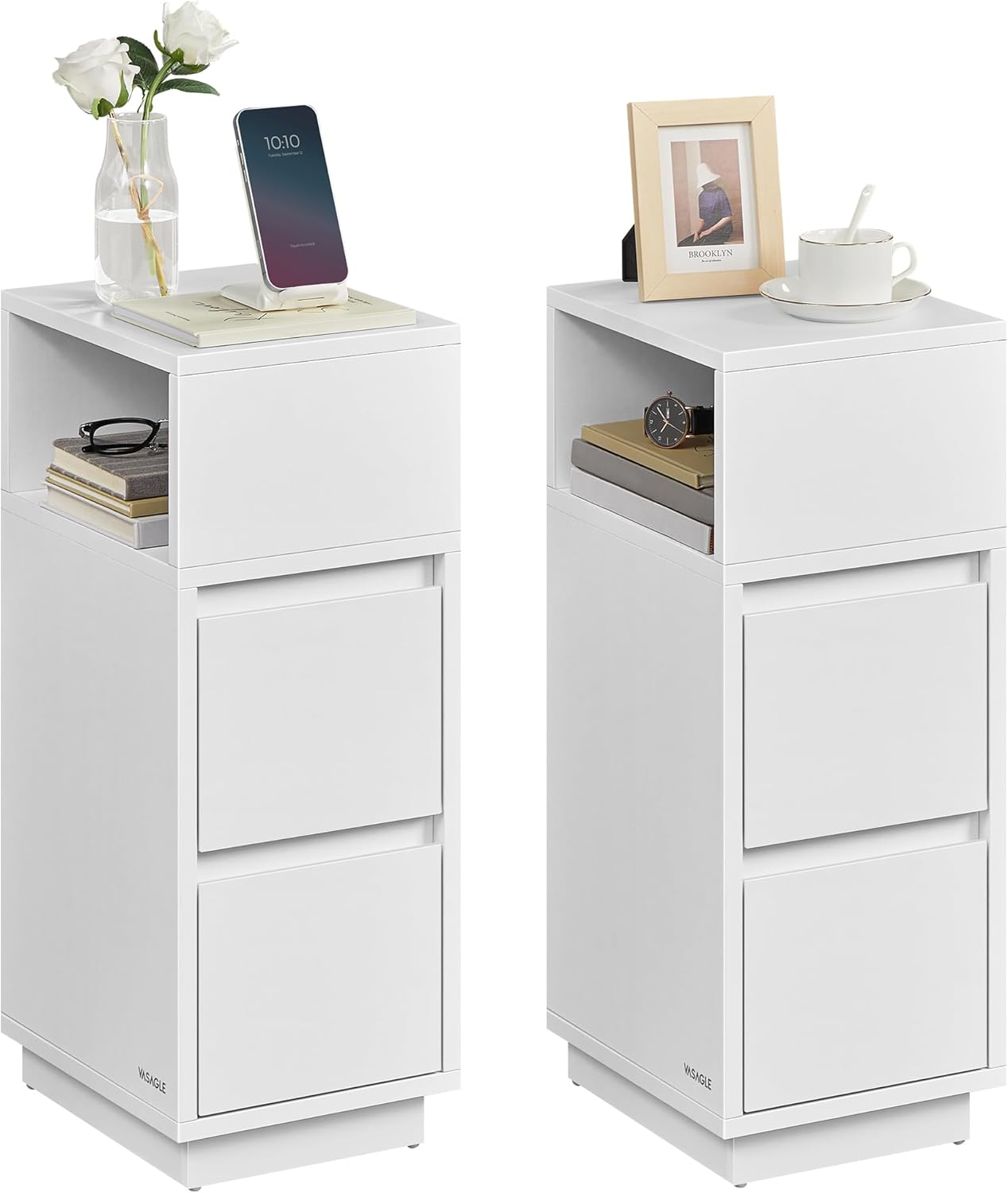 VASAGLE Kailyn Kollektion - Nachttisch 2er Set, schmal, Beistelltisch 2 Schubladen, offenes Fach nach Links oder rechts flexibel montierbar, Schlafzimmer Wohnzimmer, wolkenweiß