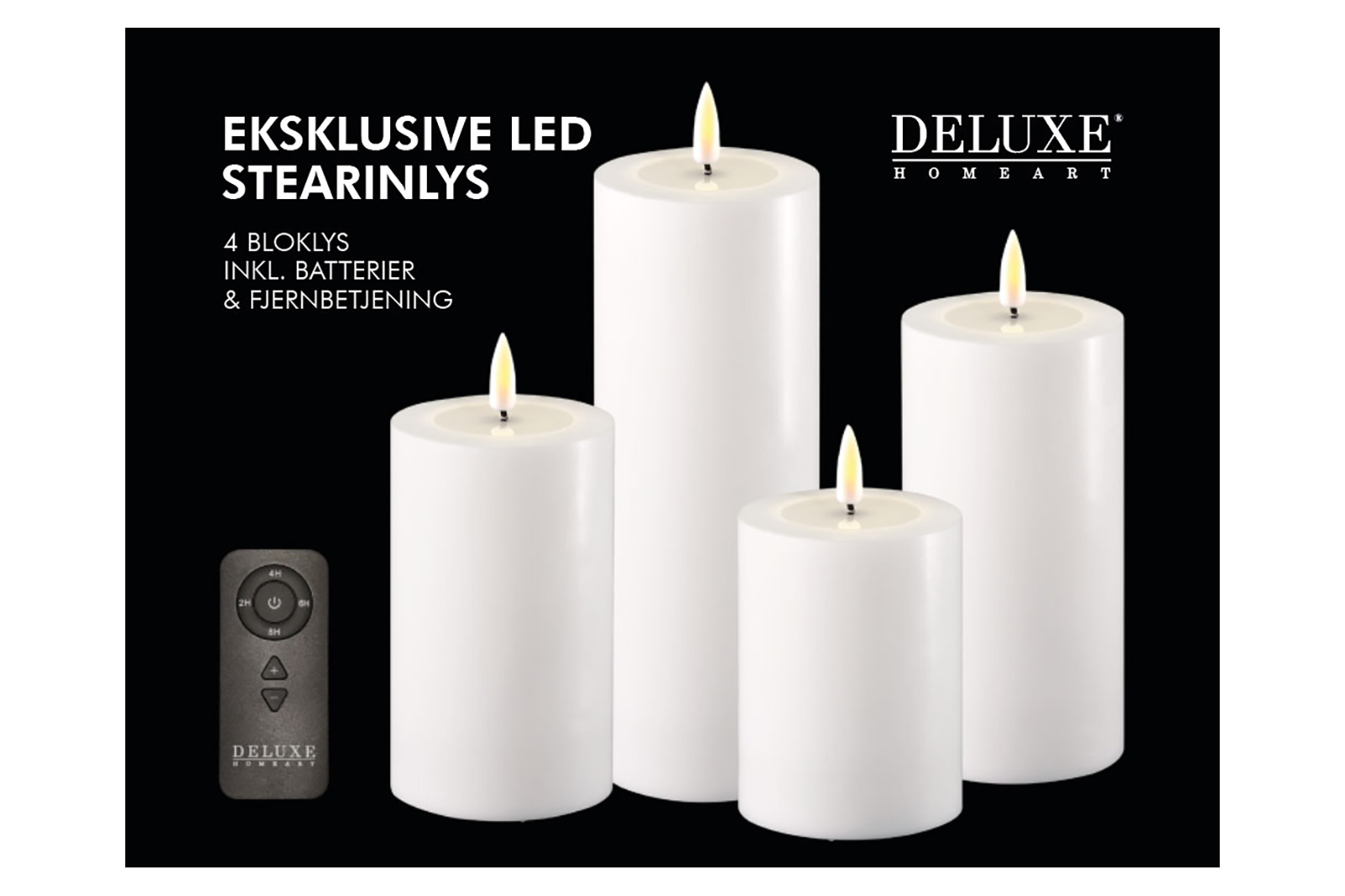 Real Flame gaveboks Hvit. 4 stk kubbelys med fjernkontroll