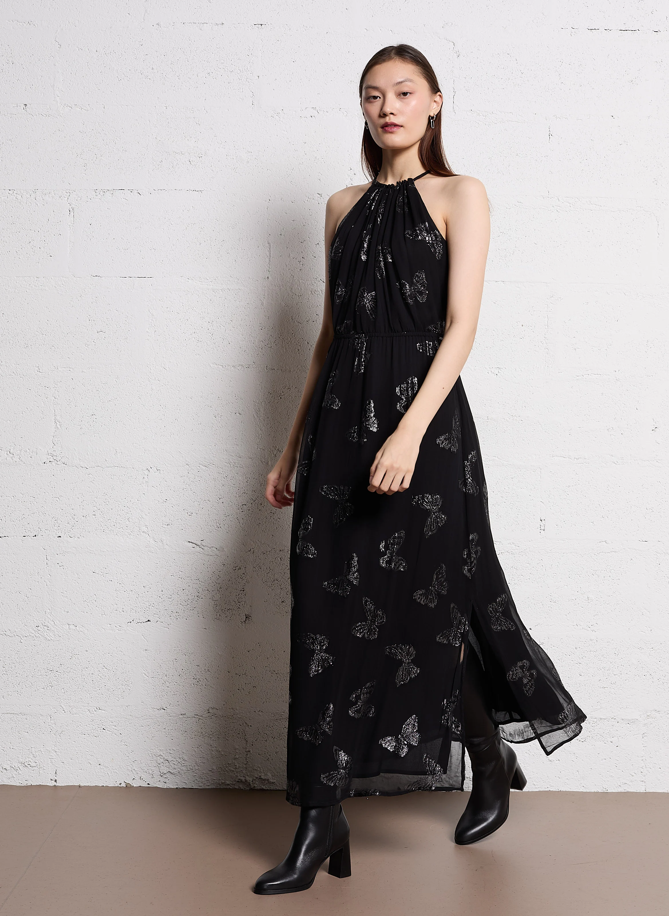 Robe longue à motifs papillons| Noir