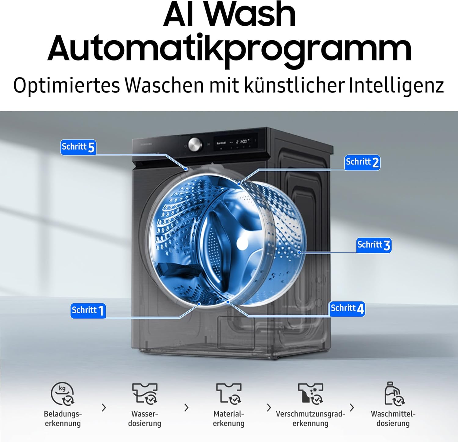 Samsung WD6100D SLIM AI Waschtrockner WD90DG6G94BBU2, 9+5 kg, Extra sparsam, EEK: E/A (-10%), Nur 48 cm tief, Waschmaschine + Trockner in einem, AI Wash, Ecobubble, SmartThings, SuperSpeed, Schwarz