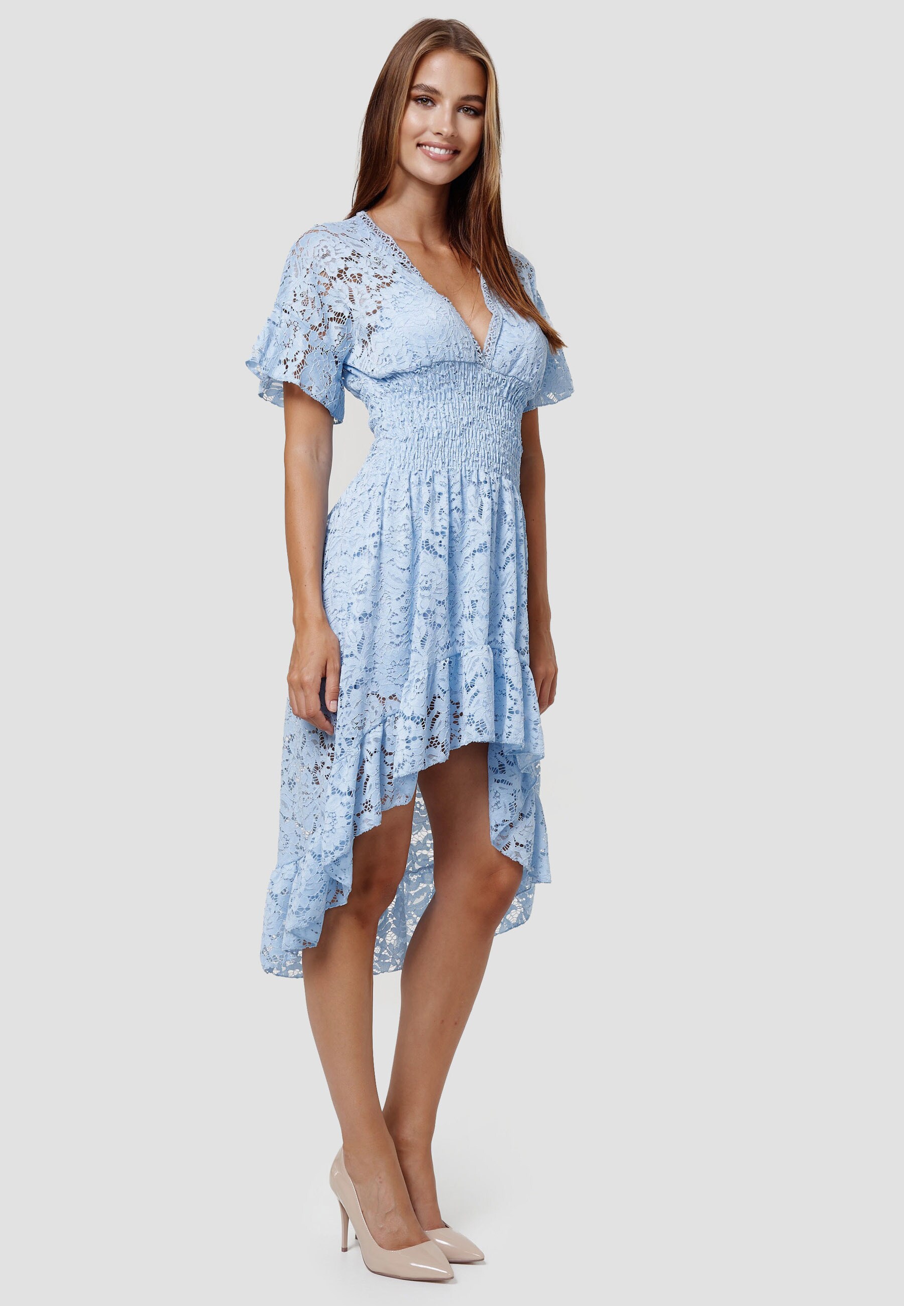 RAYSHYNE Damen Sommerkleid Sommerliches Spitzenkleid im asymmetrischen Schnitt RS14