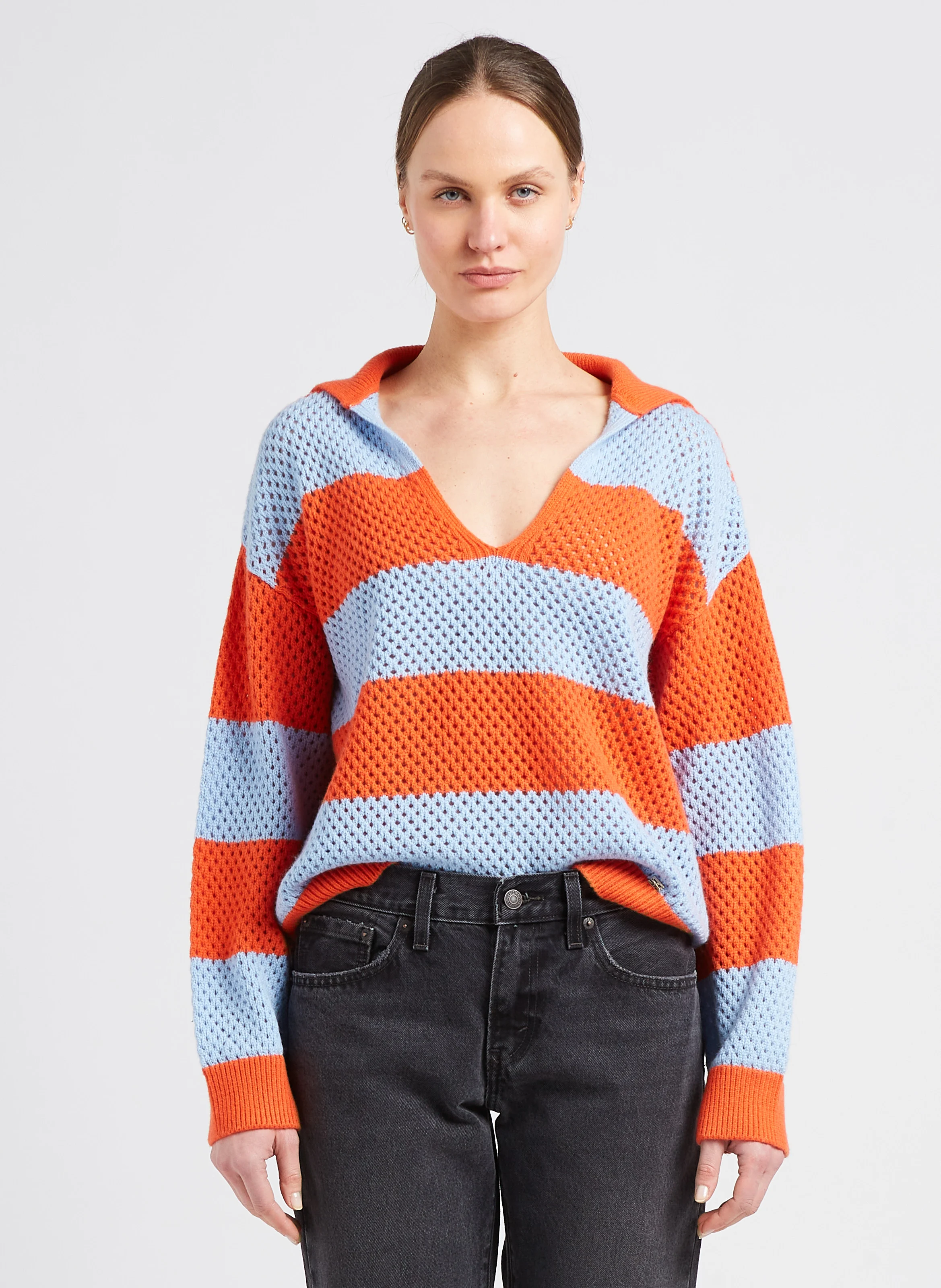 Pull col V rayé en cachemire mélangé| Orange