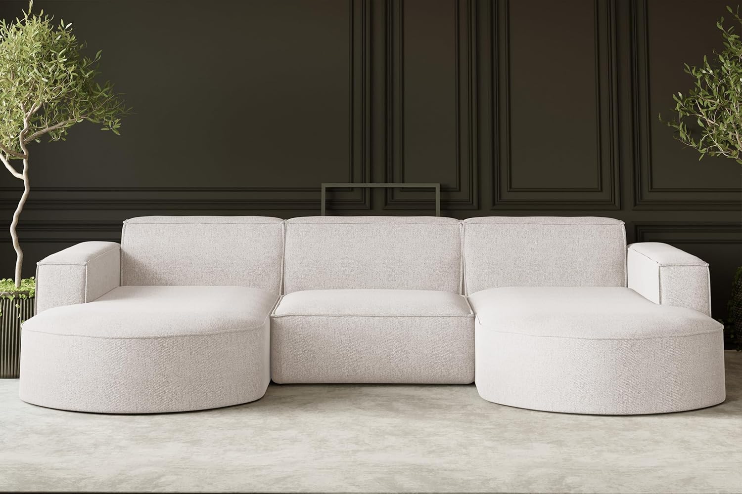 Kaiser Möbel - Ecksofa mit Wohnlandschaft, Sofa U-Form, Polstersofa, Bequemes Couch mit Ottomanen für Wohnzimmer, Relaxsofa, Bigsofa, Lounge-Set U Form, Verita Stoff, Modena U Studio, Ecru