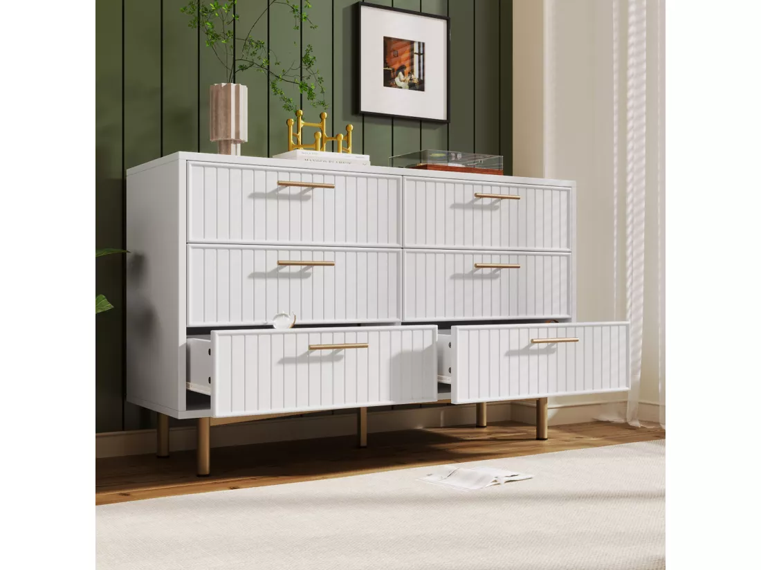 Commode avec 6 tiroirs, 120 x 40 x 75 cm, Panneaux de particules + métal, Motif rayures verticales, Blanc